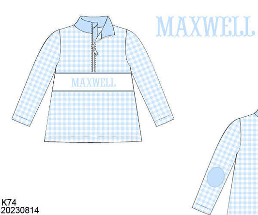 WS PO80: Boys Baby Blue Gingham Name Smock Zip Up