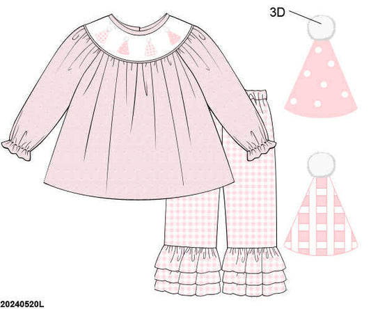 WS PO80: Girls Party Hat Smocked Pants Set