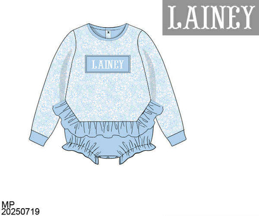 WS PO80: Girls Ruffled Blue Floral Name Smock Bubble