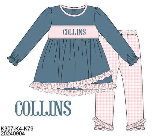 WS PO80: Girls Gingham Name Smock Pants Set