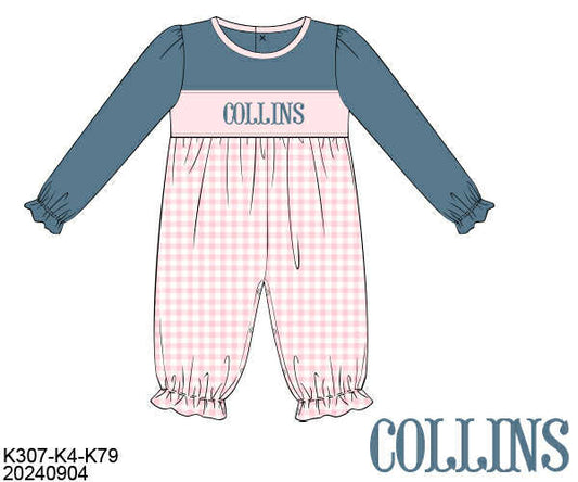 WS PO80: Girls Gingham Name Smock Romper