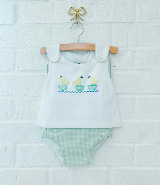 APPLIQUE SAILBOATS DIAPER SET