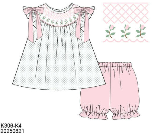 WS PO82: Girls Rose Stem Geosmocked Short Set