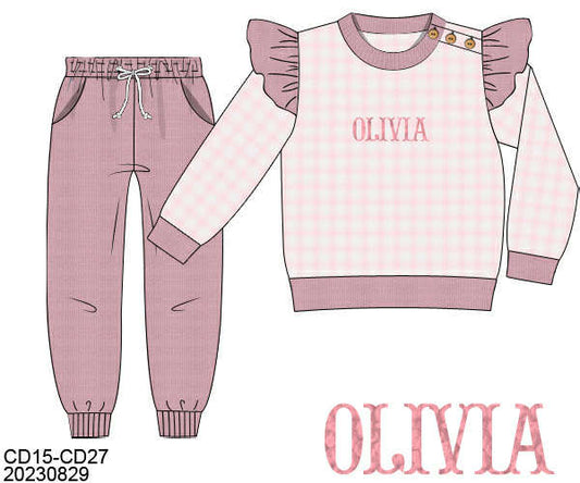 WS PO80: Girls Gingham Cardigan Pants Set