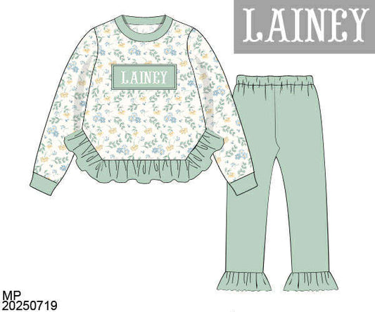 WS PO80: Girls Ruffled Wildflower Name Smock Pants Set