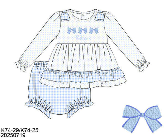 WS PO80: Girls Blue Gingham Bows Bloomer Set