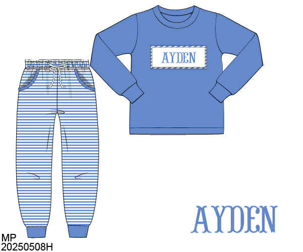 WS PO80: Boys Periwinkle & Trellis Name Smock Jogger Set