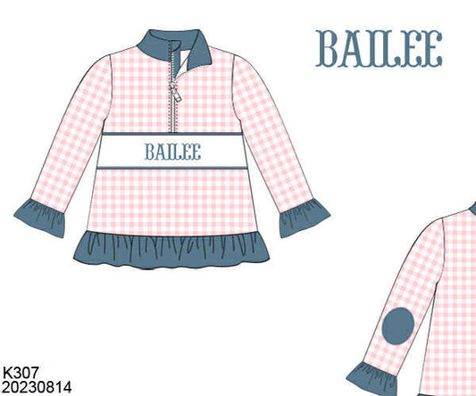 WS PO80: Girls Blue Stone/Pink Name Smock Zip Up